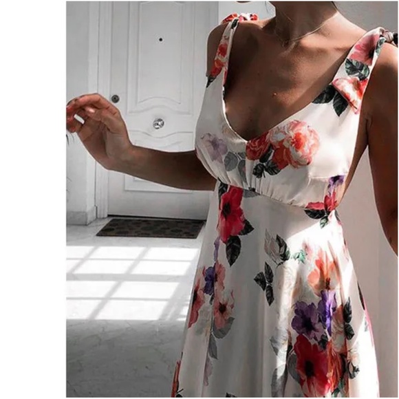 Floral Print Shoulder Tie backless Bridal Wedding Summer Maxi Dress - Picture 9 of 11